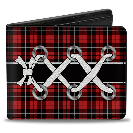 Bi-Fold Wallet - Corset Lace Up Red Plaid Black