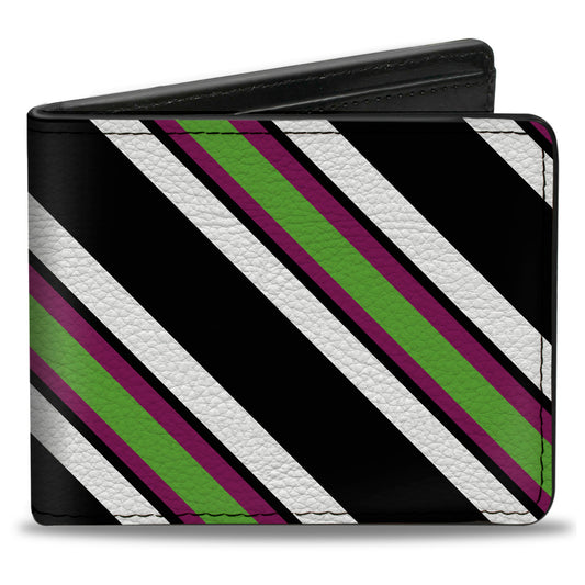 Bi-Fold Wallet - Diagonal Stripes Black White Pink Green