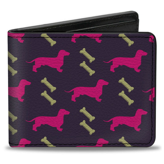 Bi-Fold Wallet - Dachshunds & Bones Purple Fuchsia Green