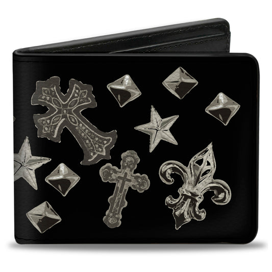 Bi-Fold Wallet - Elegant Crosses Stars Studs Black Grays