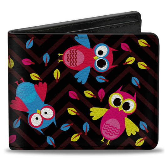 Bi-Fold Wallet - Flying Owls w Leaves Black Multi Color
