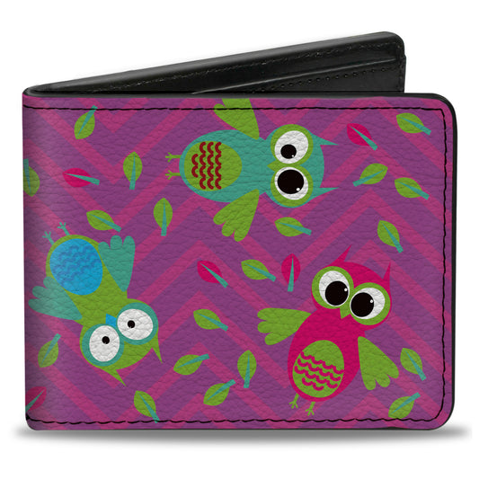 Bi-Fold Wallet - Flying Owls w Leaves Purple Multi Color