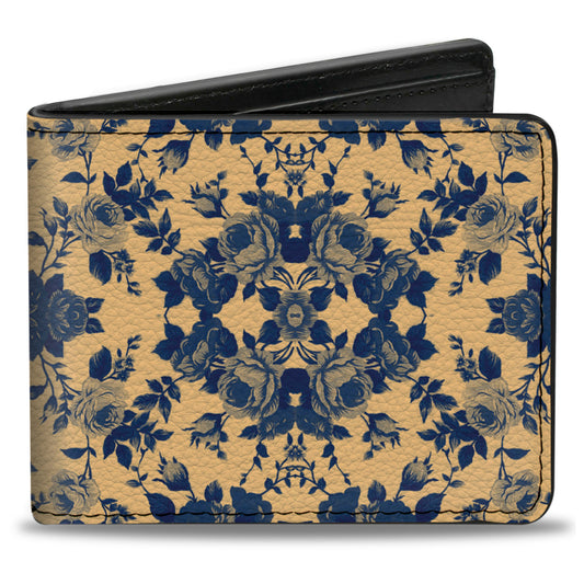 Bi-Fold Wallet - Floral Collage Tan Blue