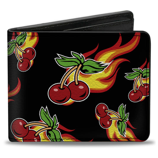 Bi-Fold Wallet - Flaming Cherries Scattered Black