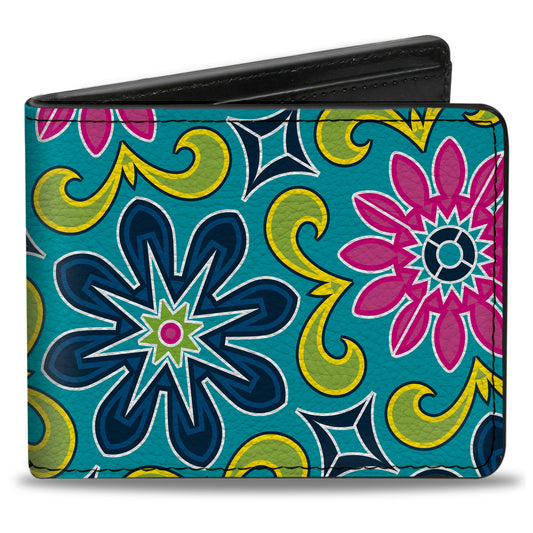 Bi-Fold Wallet - Floral Burst Turquoise Blues Pinks Yellow Green