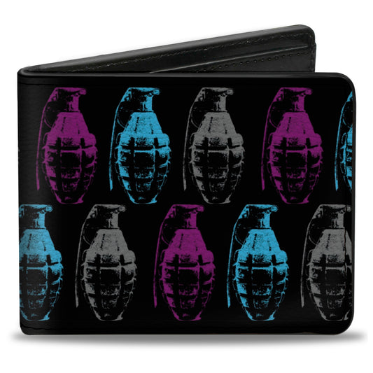 Bi-Fold Wallet - Grenades Black Gray Purple Baby Blue