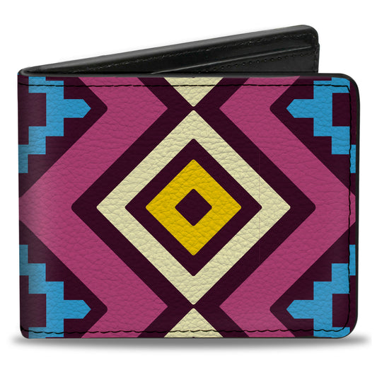 Bi-Fold Wallet - Geometric1 Burgundy Pink Tan Yellow Baby Blue