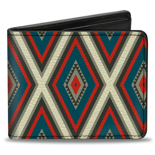 Bi-Fold Wallet - Geometric Diamonds Grays Red Turquoise