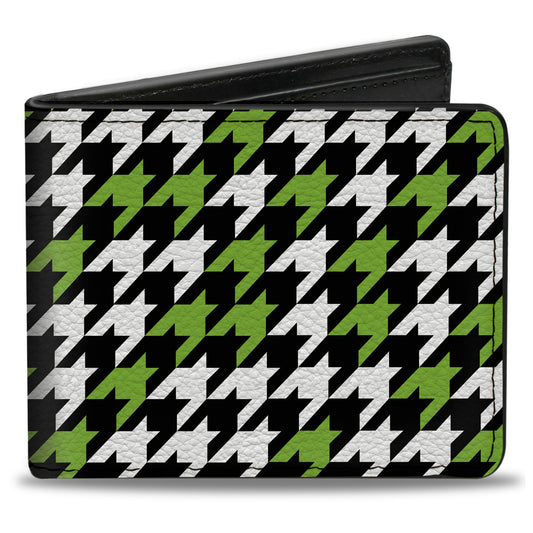 Bi-Fold Wallet - Houndstooth Black White Neon Green