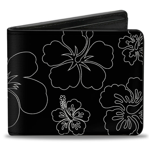 Bi-Fold Wallet - Hibiscus Outline Black White