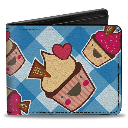 Bi-Fold Wallet - Happy Cupcakes Buffalo Plaid White Blue