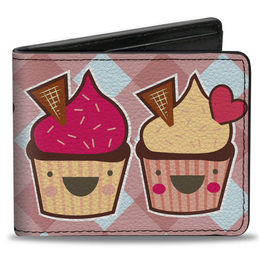 Bi-Fold Wallet - Happy Cupcakes Buffalo Plaid White Pink