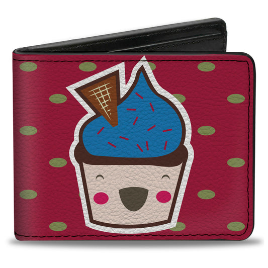 Bi-Fold Wallet - Happy Cupcakes Dots Pink Green