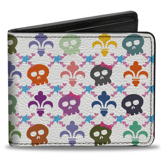 Bi-Fold Wallet - Skull & Fleur-de-Lis White Multi Color