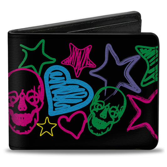 Bi-Fold Wallet - Sketch Skull Star Heart White Multi Color