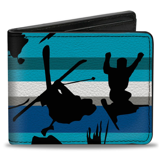 Bi-Fold Wallet - Action Ski Pose Tree Silhouettes Stripes Blues Black