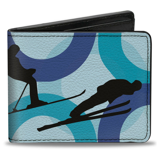 Bi-Fold Wallet - Action Ski Pose Silhouettes Rings Blues Black