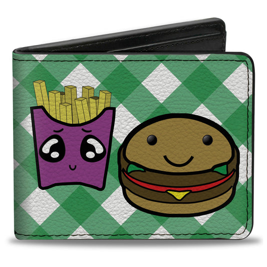 Bi-Fold Wallet - Burger & Fries Cartoon Straight Green Tablecloth