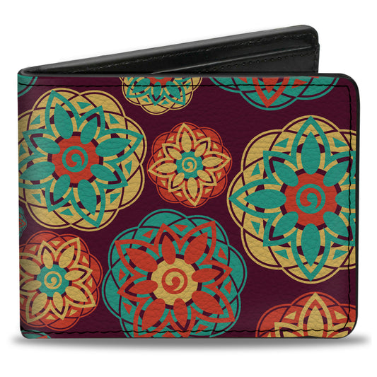 Bi-Fold Wallet - Boho Mandala Burgundy Yellow Turquoise Orange