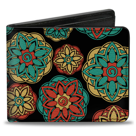 Bi-Fold Wallet - Boho Mandala Black Yellow Turquoise Orange
