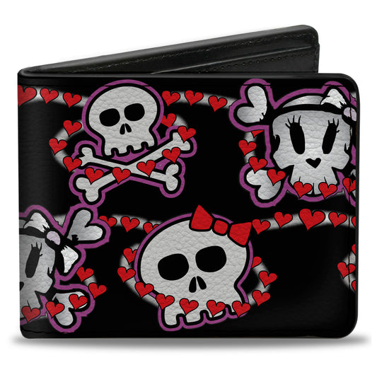 Bi-Fold Wallet - Cute Skulls w Hearts