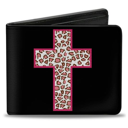 Bi-Fold Wallet - Cross Repeat Black Leopard Brown Pink Outline