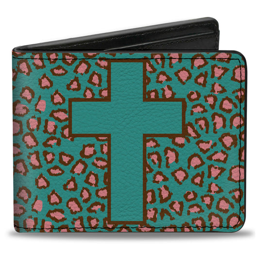 Bi-Fold Wallet - Cross Repeat Leopard Turquoise Pink
