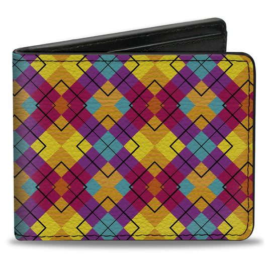 Bi-Fold Wallet - Diamond Plaid Orange Yellow Blue Purple Fuchsia