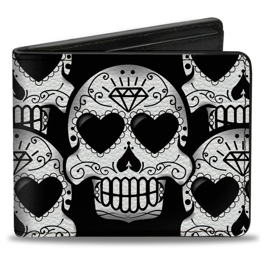 Bi-Fold Wallet - Diamond Sugar Skull Stacked Black Silver Fade White