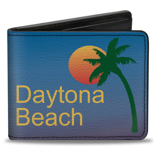 Bi-Fold Wallet - DAYTON BEACH Script Sun Palm Trees Blue Fade Yellow Oranges Green
