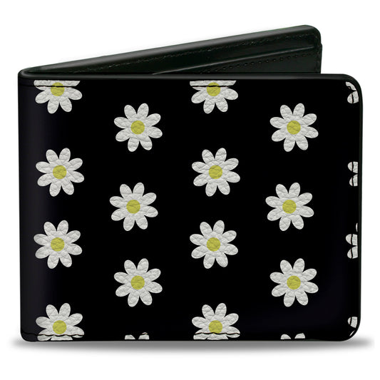 Bi-Fold Wallet - Daisies Scattered Black White Yellow