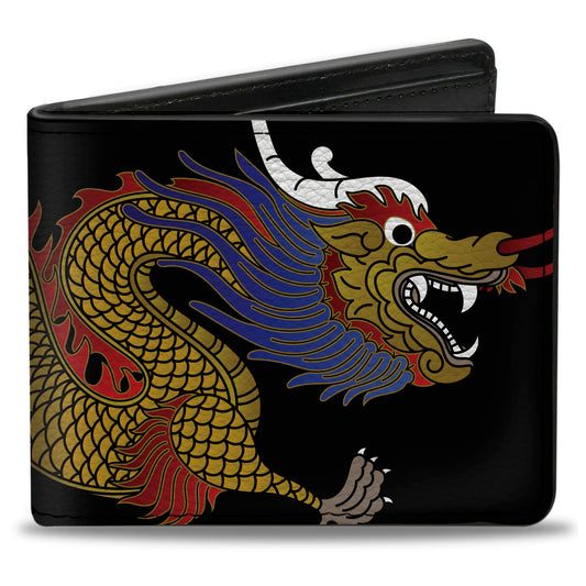 Bi-Fold Wallet - Dragon CLOSE-UP Black Golds Reds Blue