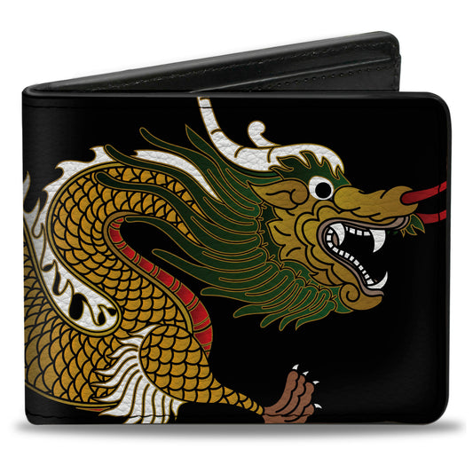 Bi-Fold Wallet - Dragon CLOSE-UP Black Golds White Green