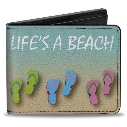 Bi-Fold Wallet - Flip Flops7 LIFE'S A BEACH Tan Aqua White