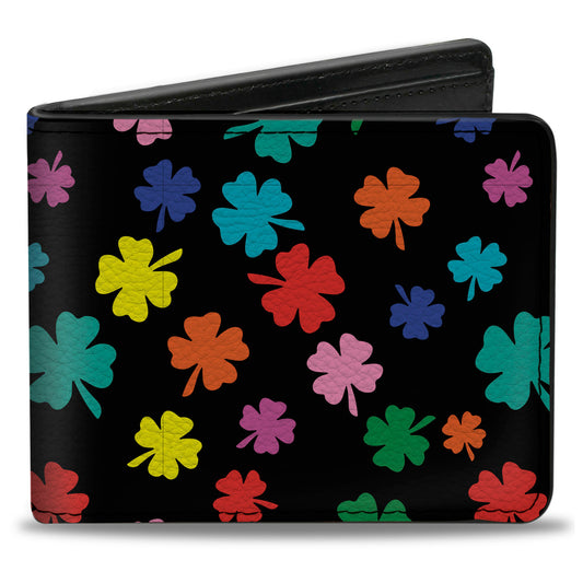 Bi-Fold Wallet - Four-Leaf Clovers Scattered Black Multi Color
