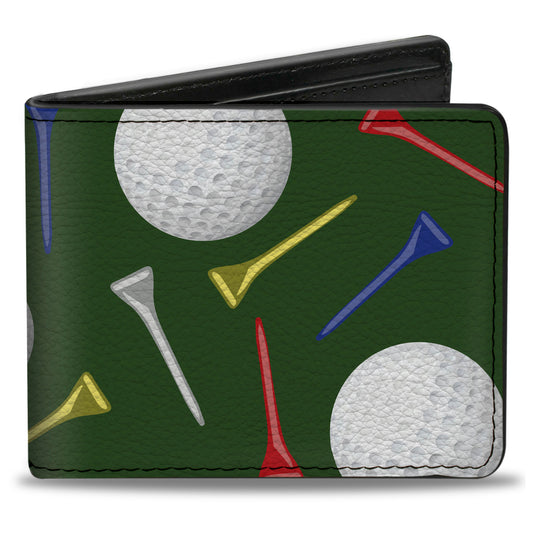 Bi-Fold Wallet - Golf Balls Tees Scattered Green Multi Color
