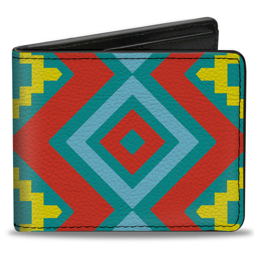Bi-Fold Wallet - Geometric Diamonds Turquoise Blues Orange Yellow