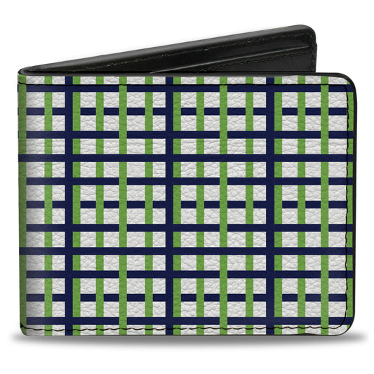 Bi-Fold Wallet - Basketweave Plaid White Navy Bright Green