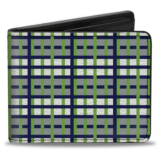 Bi-Fold Wallet - Basketweave Plaid White Silver Navy Bright Green