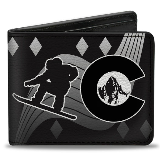 Bi-Fold Wallet - Colorado Skier Snowboarder Black White Grays