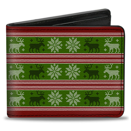 Bi-Fold Wallet - Christmas Stitch Moose Snowflakes Red Green