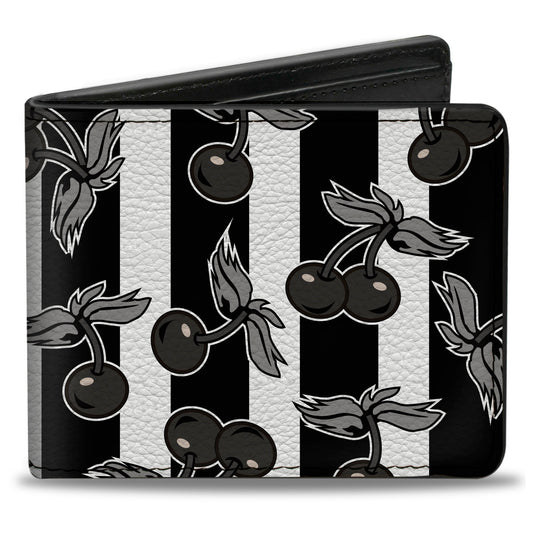 Bi-Fold Wallet - Cherries Scattered Vertical Stripe White Black Grays