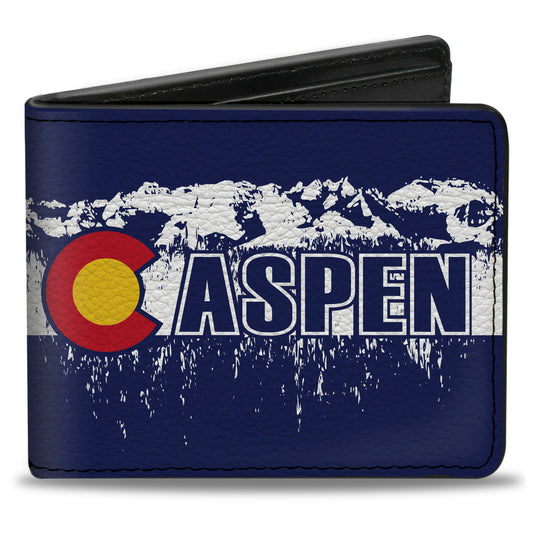 Bi-Fold Wallet - Colorado ASPEN Flag Snowy Mountains Weathered2 Blue White Red Yellows