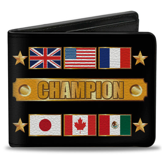 Bi-Fold Wallet - CHAMPION Belt Flags Stars Black Golds