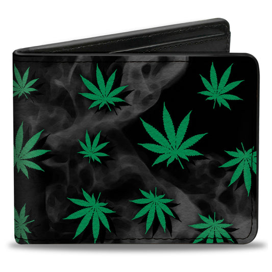 Bi-Fold Wallet - Pot Leaves Black Smoke Green