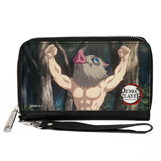 PU Zip Around Wallet Rectangle - Demon Slayer Inosuke Hashibira Boar Head Arms Up Pose