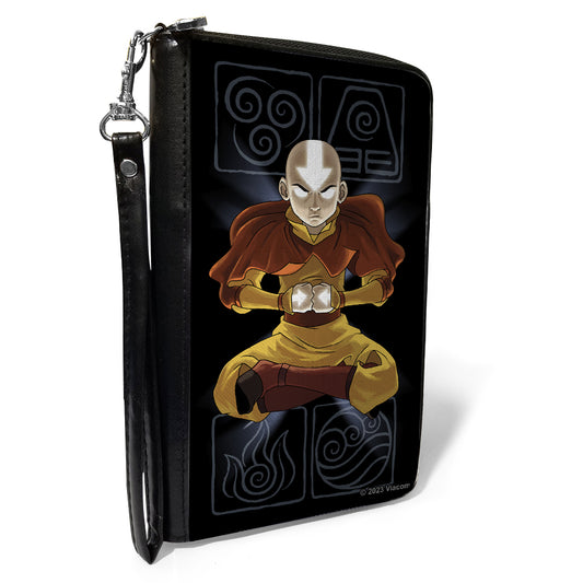 Women's PU Zip Around Wallet Rectangle - Avatar the Last Airbender Aang Meditating Pose Bending Elements Icons Black Grays