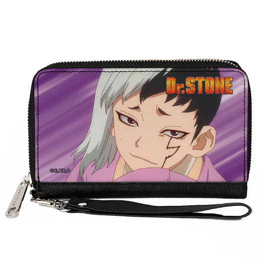 PU Zip Around Wallet Rectangle - DR. STONE Gen Asagiri Face and Title Logo Purples