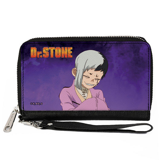 PU Zip Around Wallet Rectangle - DR. STONE Gen Asagiri Laughing Pose Title Logo Purples