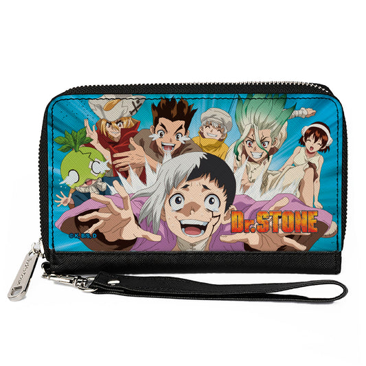 PU Zip Around Wallet Rectangle - DR. STONE Character Group Rays Pose and Title Logo Blues